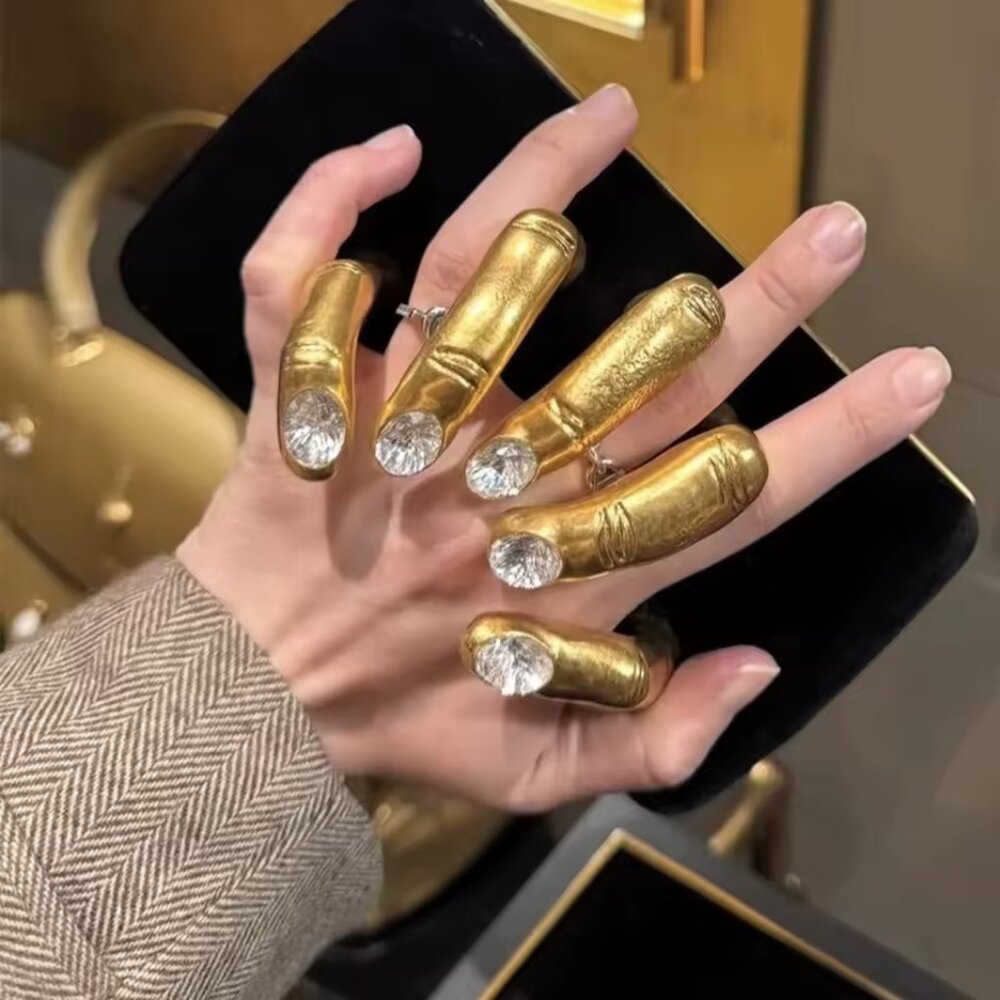 Gold Statement Finger Tip Rings with Clear Crystal Ends [no bag attached]